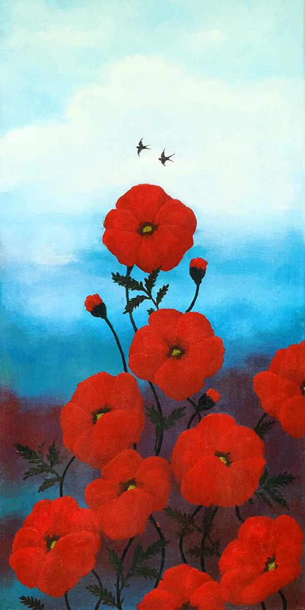 Acrylic Painting by Carrie J. Schachter of red poppies against a vivid blue sky.