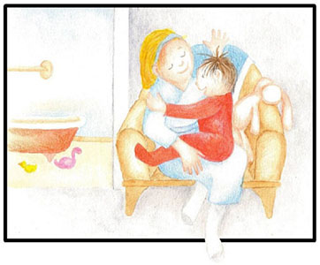 boy in mothers lap telling her about his adventure