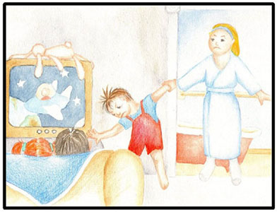 Mother taking son to bath