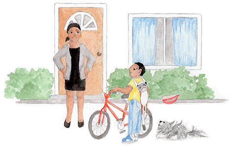 boy with bike talking to mother